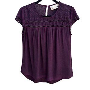 Sheryl Crow Purple Boho Lace‎ Embroidered Detail Short Sleeve Button Back Top S